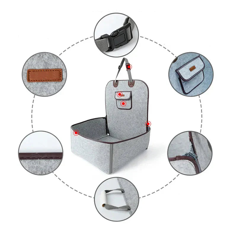 Gray car seat organizer with various components highlighted on a white background