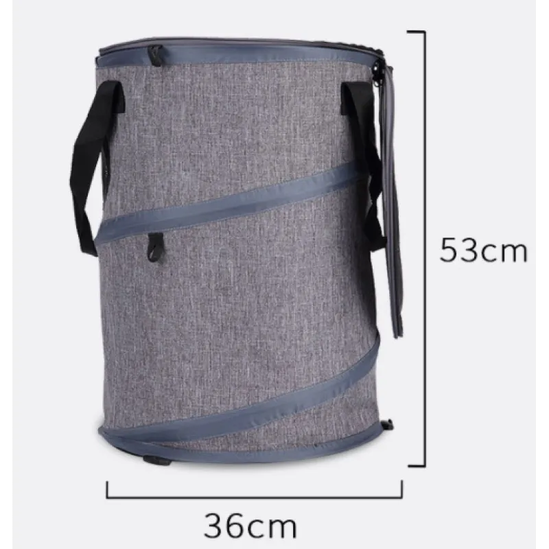 Gray laundry basket with black straps and dimensions labeled on a white background