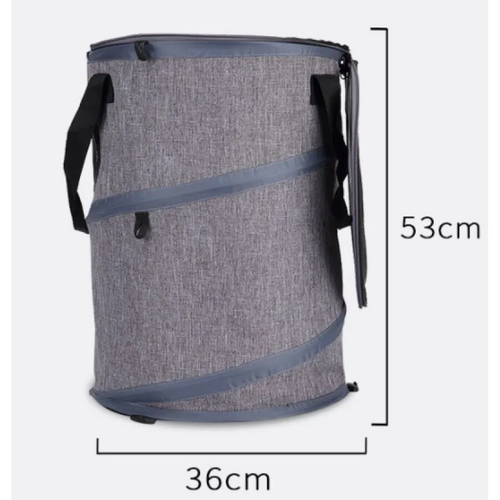 Gray laundry basket with black straps and dimensions labeled on a white background