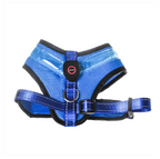 Blue dog harness with reflective material on a white background