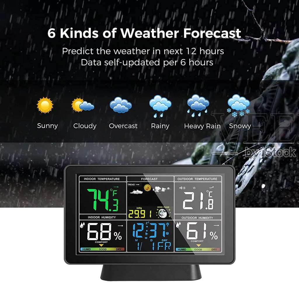 Weather station with digital display showing temperature and humidity, set against a snowy landscape.