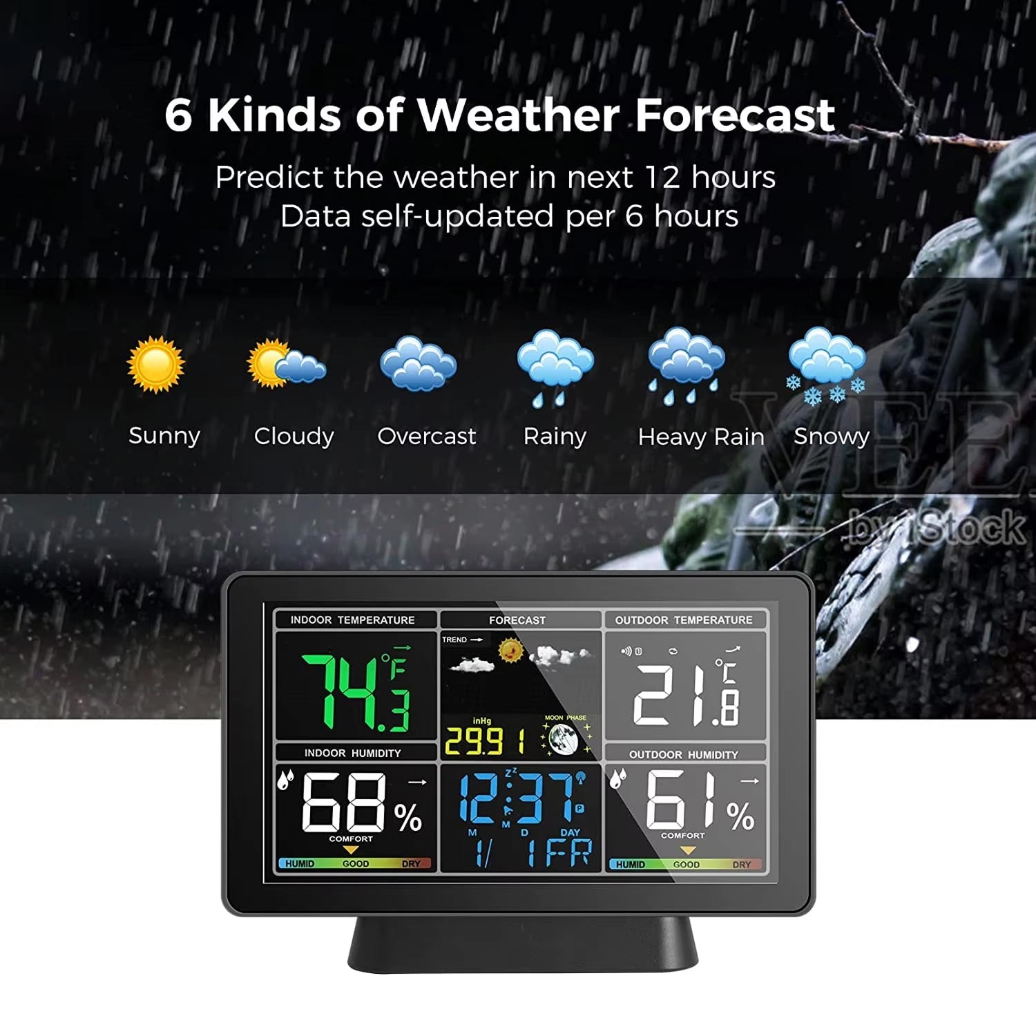 Weather station with digital display showing temperature and humidity, set against a snowy landscape.