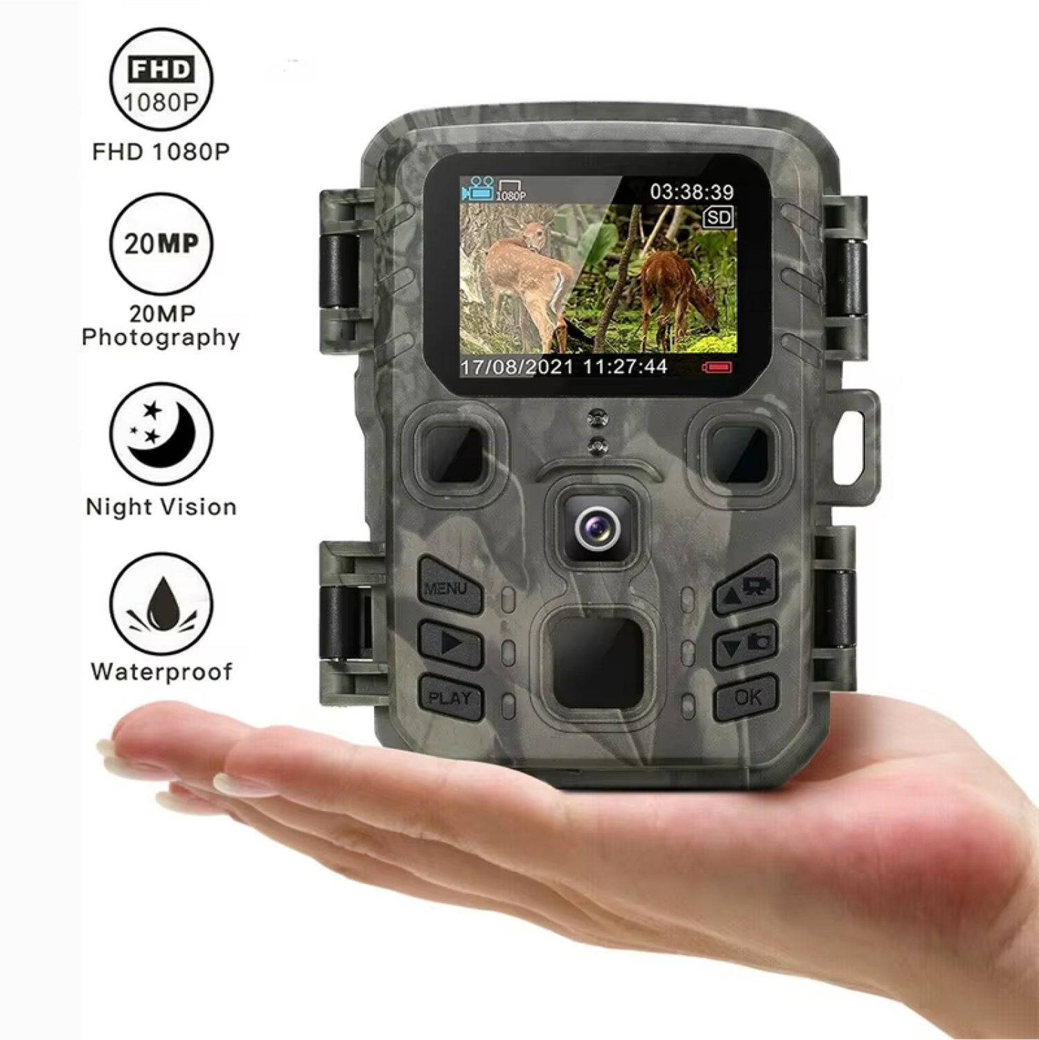 Camouflage trail camera held in a hand with features listed on a white background