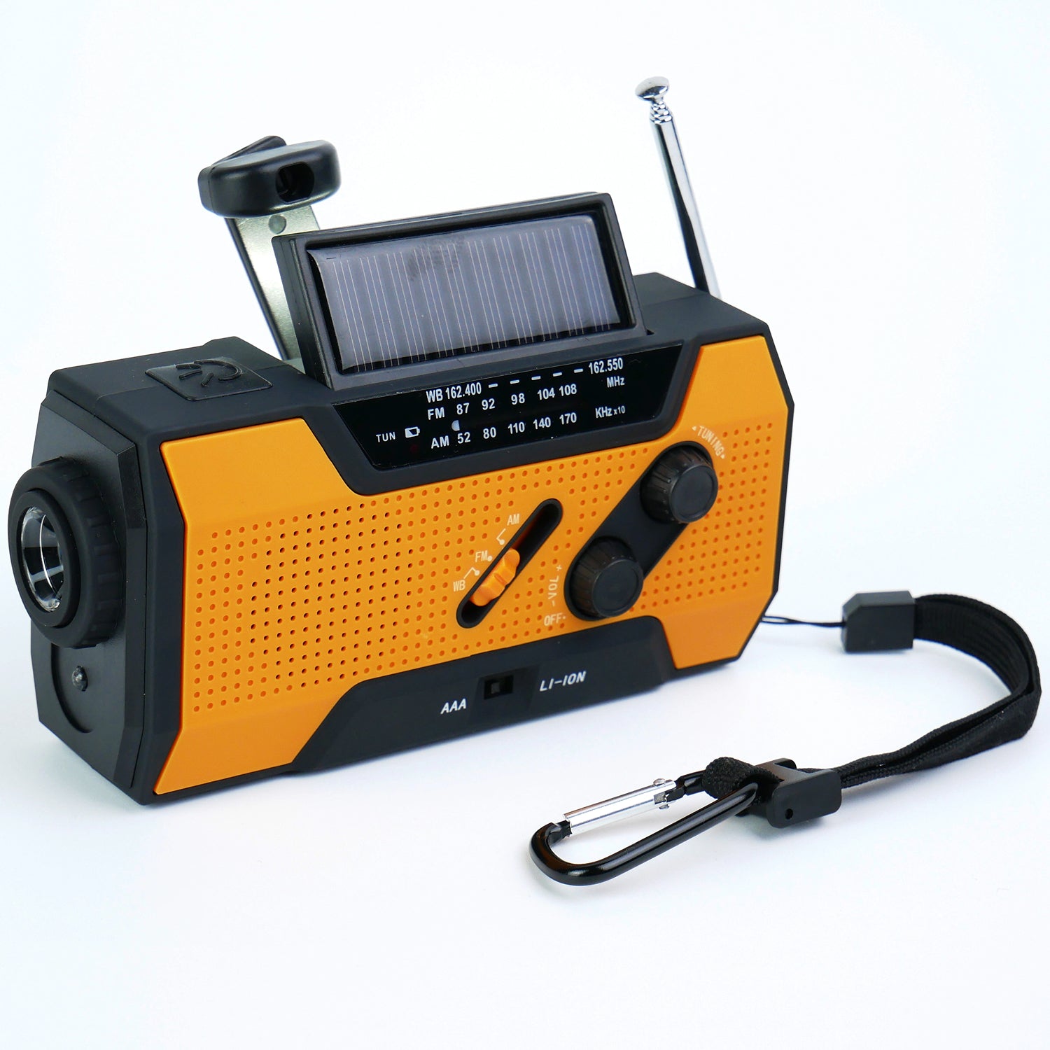 Orange and black portable radio with solar panel on a white background