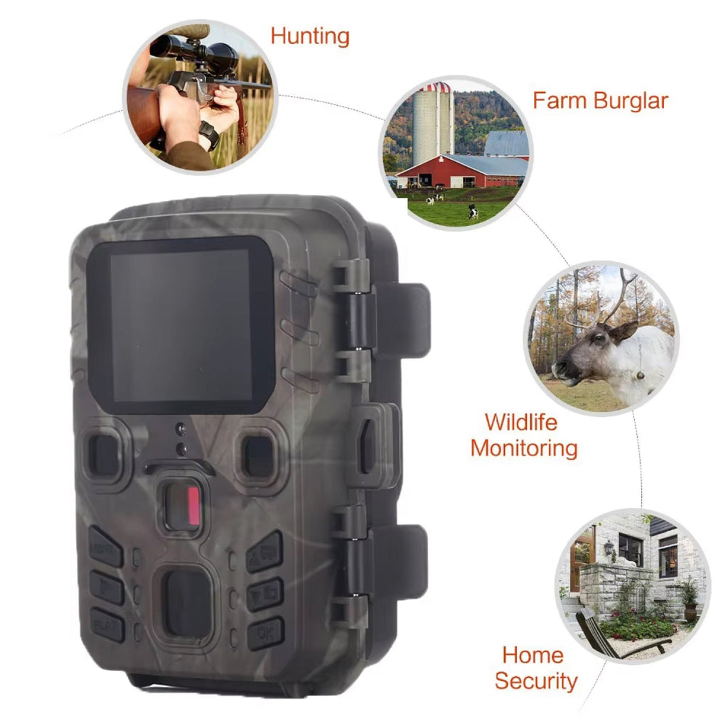 Camouflage trail camera with uses for hunting, farm security, wildlife monitoring, and home security.