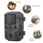 Camouflage trail camera with uses for hunting, farm security, wildlife monitoring, and home security.