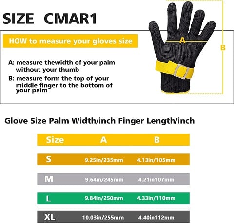 Glove size chart with measurement instructions and glove dimensions.
