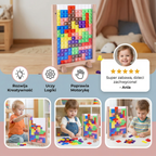 Children playing with a colorful puzzle toy in a room setting, with text highlighting its educational benefits.