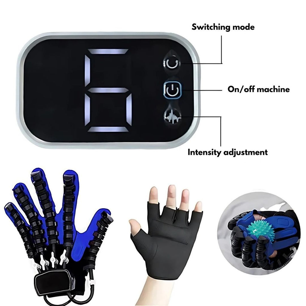Digital display with switching mode, on/off machine, and intensity adjustment features, along with a black and blue exercise glove.