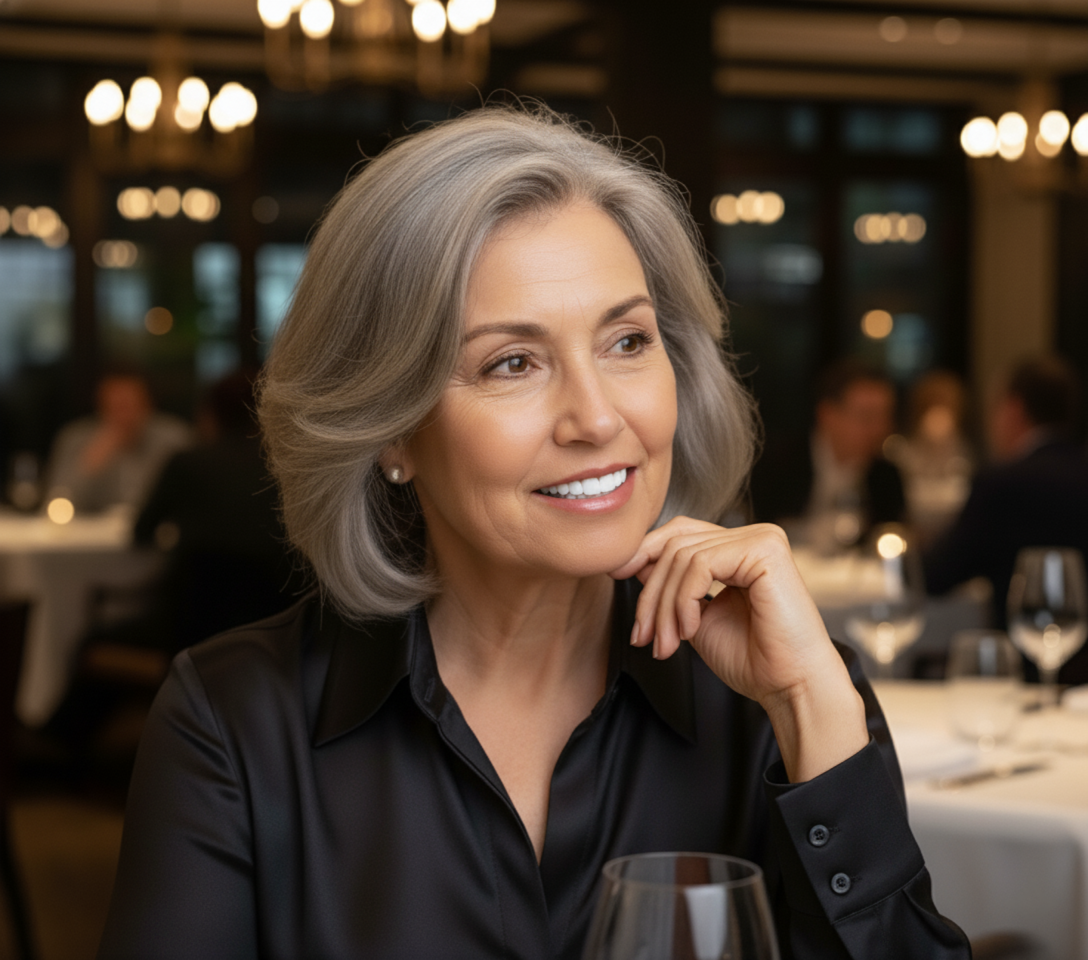 Woman sitting at a table in a restaurant with wine glasses.