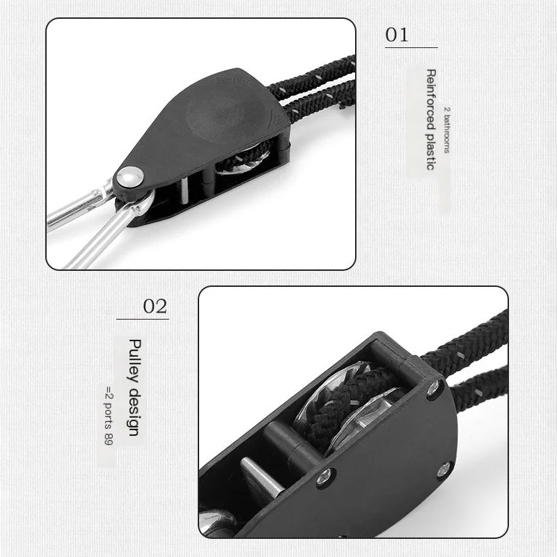 Close-up of a pulley system with labeled parts on a white background