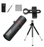 Black monocular with red accents, tripod, phone holder, cleaning cloth, and case on a white background