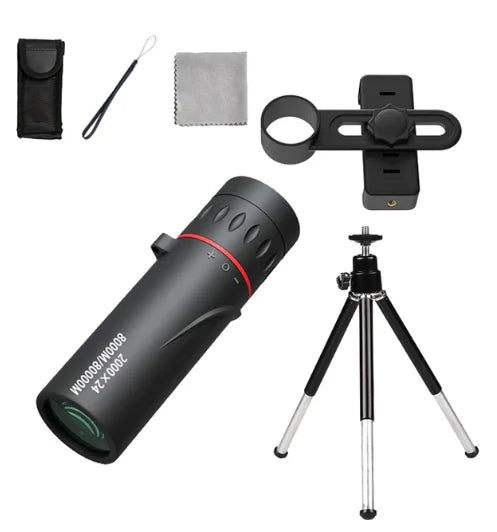 Black monocular with red accents, tripod, phone holder, cleaning cloth, and case on a white background
