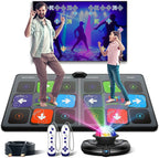 Two people using a dance mat with a screen displaying dance moves, surrounded by accessories on a white background.