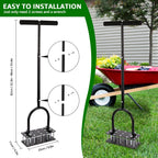 Garden soil cultivator with installation instructions and dimensions, set against a garden background.