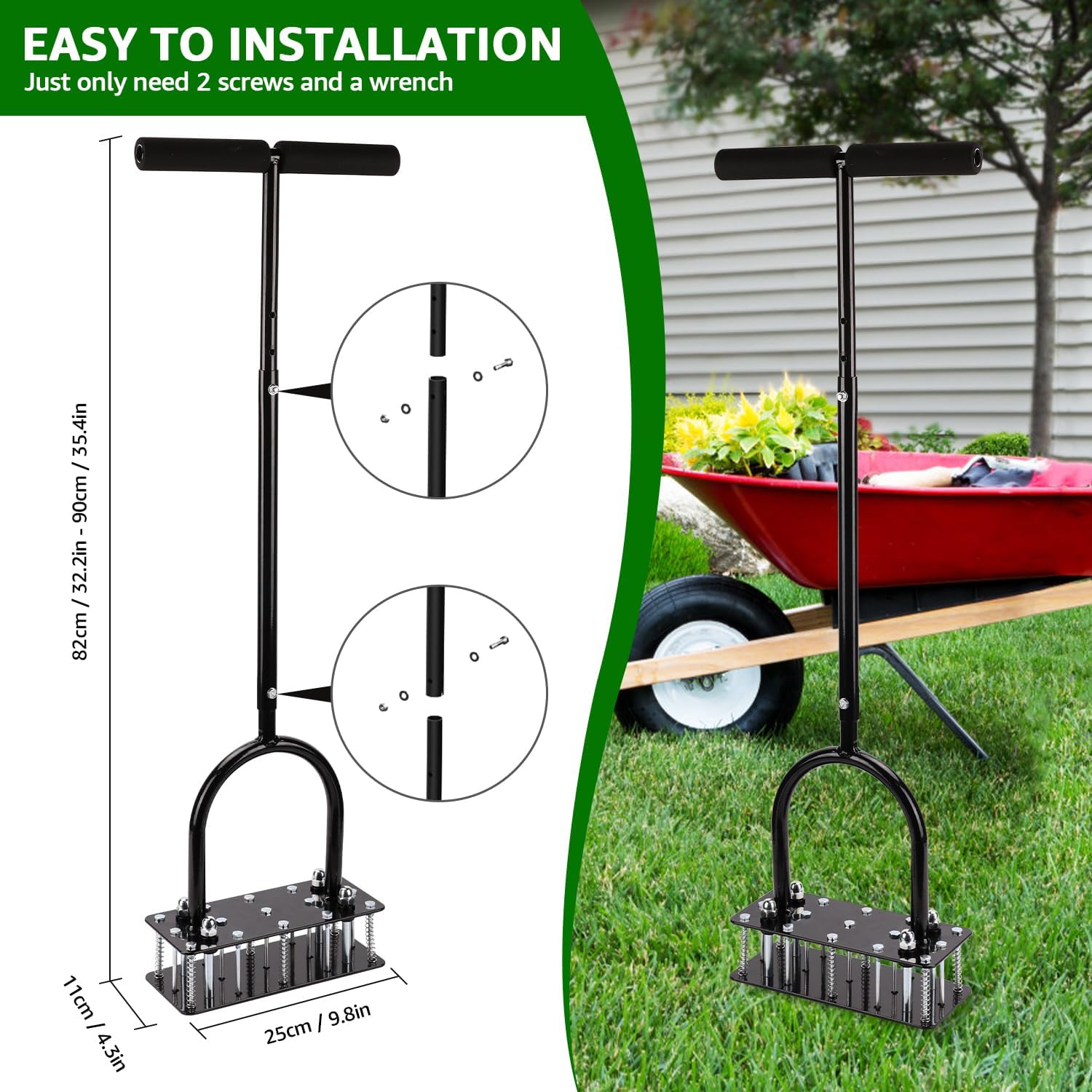 Garden soil cultivator with installation instructions and dimensions, set against a garden background.
