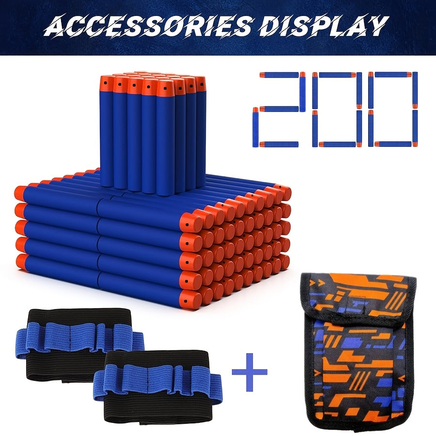 Stack of blue and orange accessories with packaging on a white background