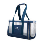 Navy blue pet carrier with transparent sides on a white background