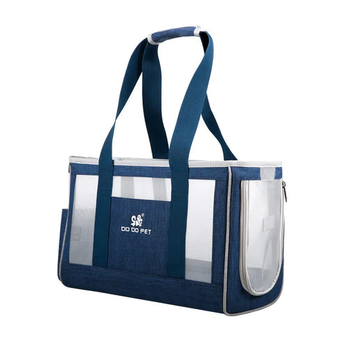 Navy blue pet carrier with transparent sides on a white background