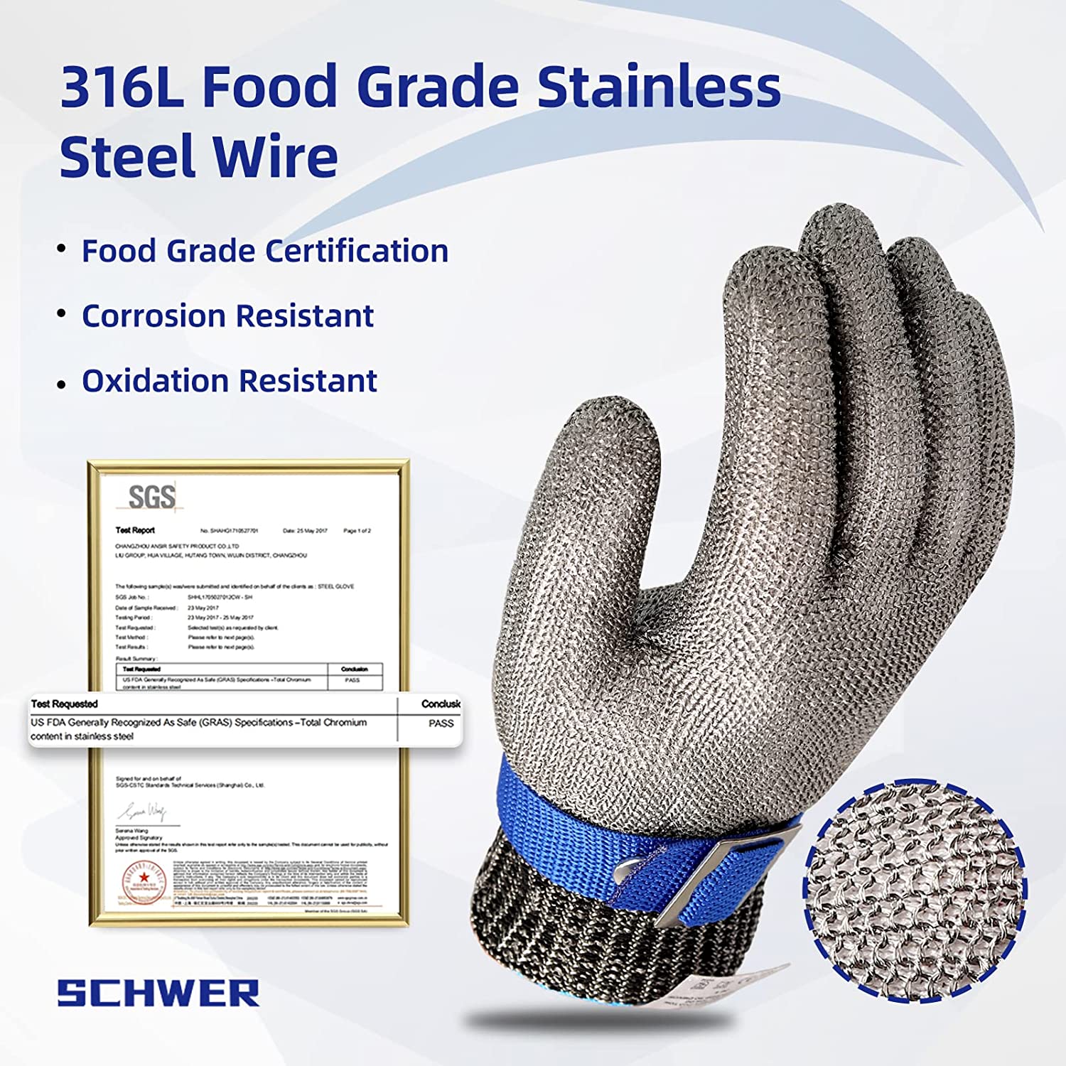 Metallic glove with blue band and SGS certification on a white background