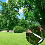 Green park with trees and grass, featuring a close-up of a garden tool.