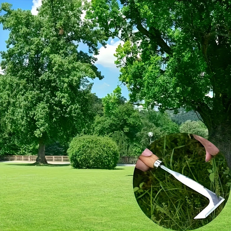 Green park with trees and grass, featuring a close-up of a garden tool.