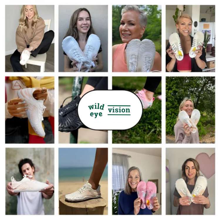Collage of people holding and showing off various shoes with 'wild eye vision' branding.