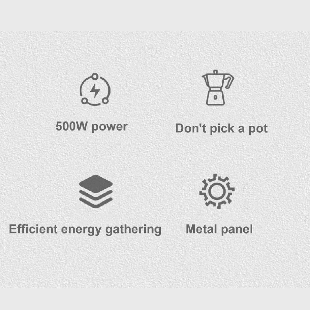 Set of icons and text describing features on a light gray background