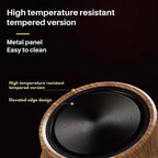 High temperature resistant tempered glass panel with wooden frame on a black background