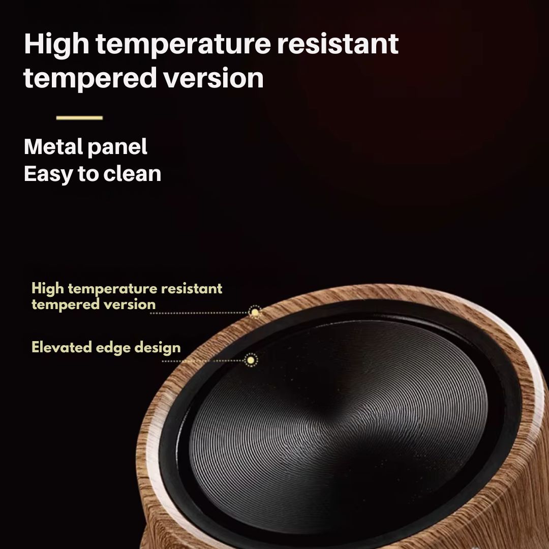 High temperature resistant tempered glass panel with wooden frame on a black background
