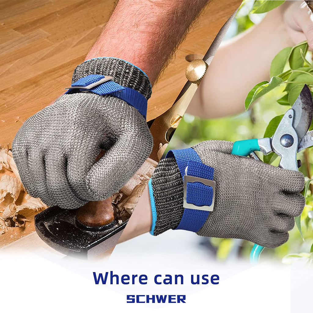 Person wearing SCHWER gardening gloves with pruners, on a blurred background of nature.