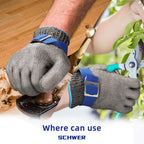 Person wearing SCHWER gardening gloves with pruners, on a blurred background of nature.