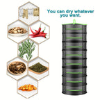 Drying rack with various items like peppers, herbs, and nuts displayed on a white background.
