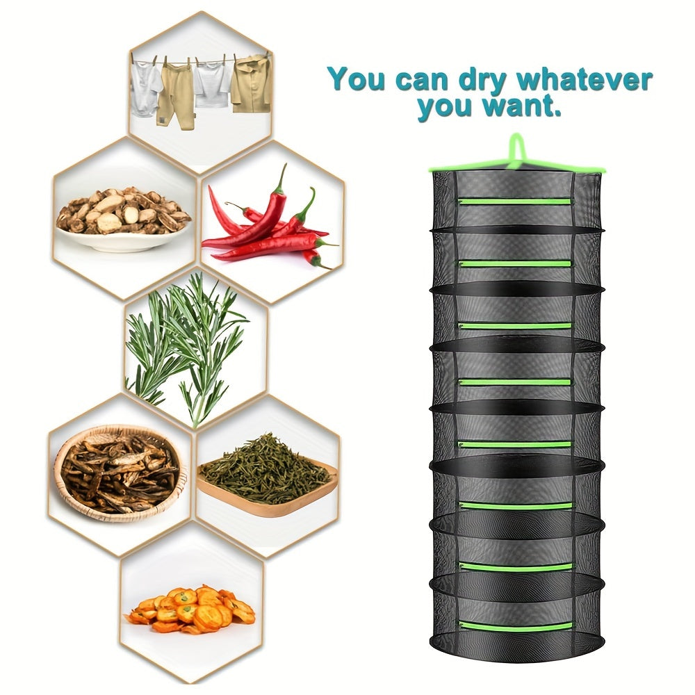 Drying rack with various items like peppers, herbs, and nuts displayed on a white background.