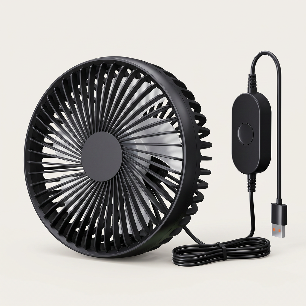 Black portable fan with USB cable on a light beige background
