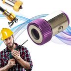 Person holding a drill with a purple and gold tool attachment on a white background