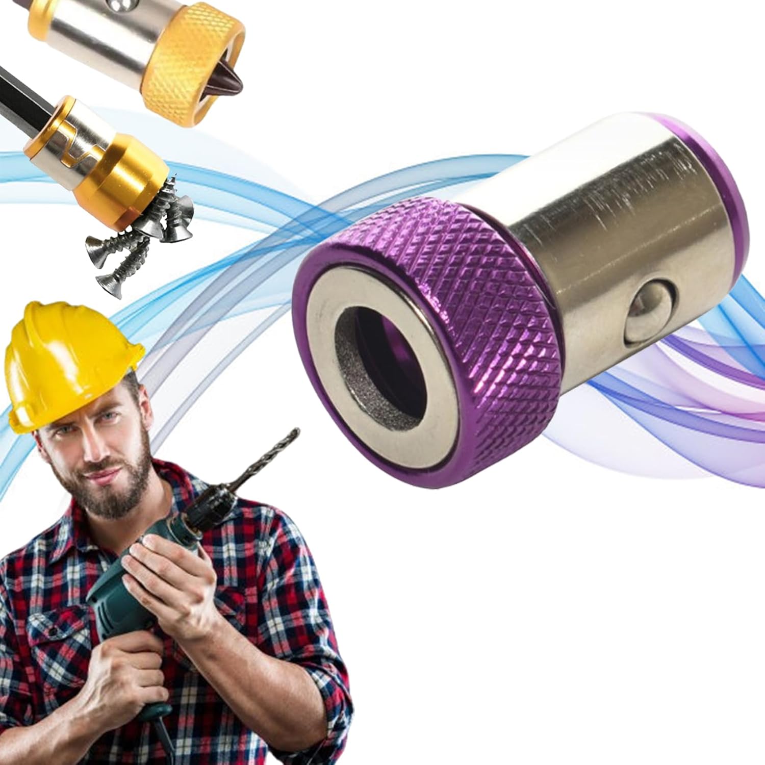 Person holding a drill with a purple and gold tool attachment on a white background