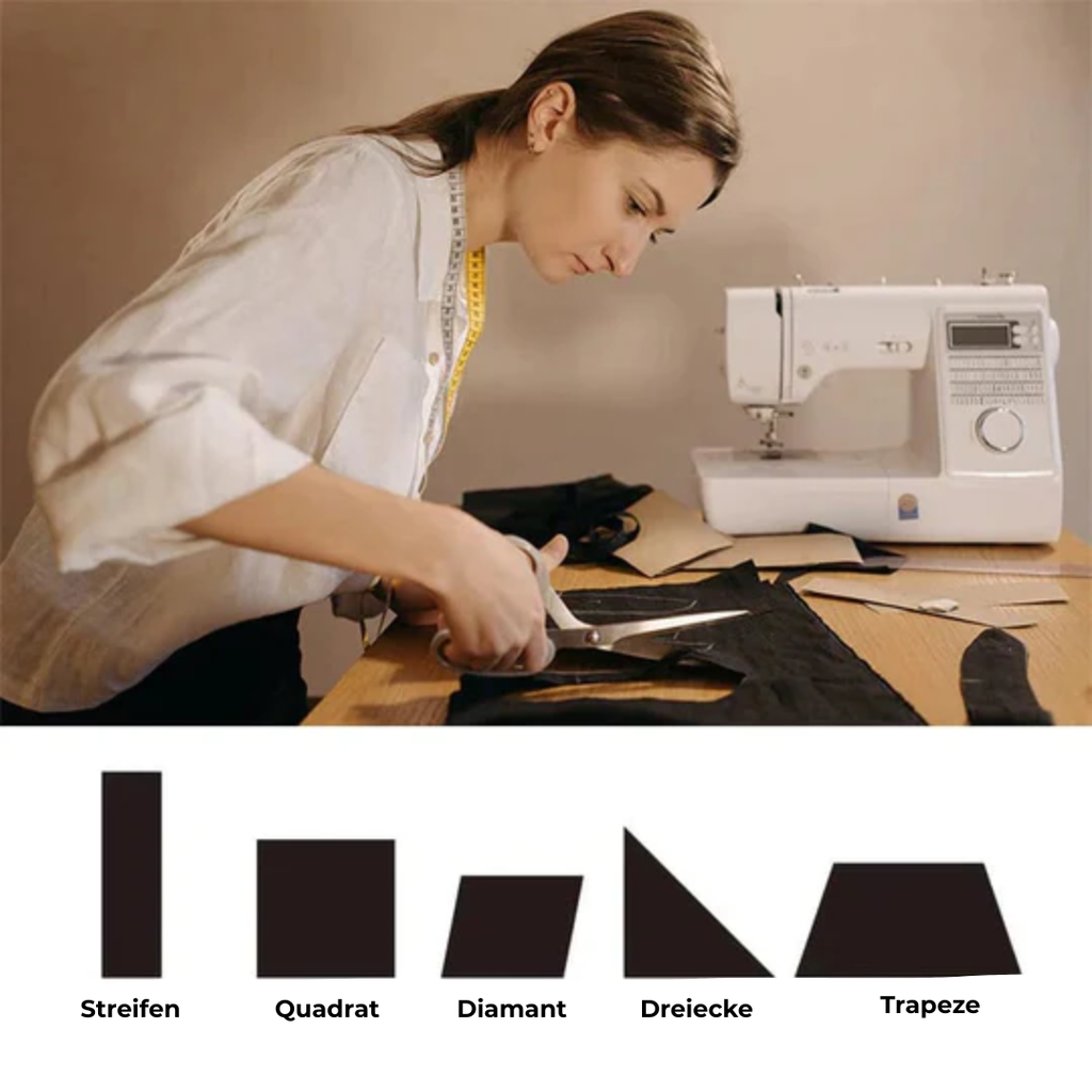 Woman cutting fabric next to a sewing machine with 'Lema' branding.