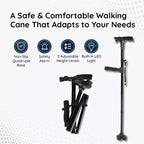 Black walking cane with adjustable height levels on a white background, featuring icons and text about its features.