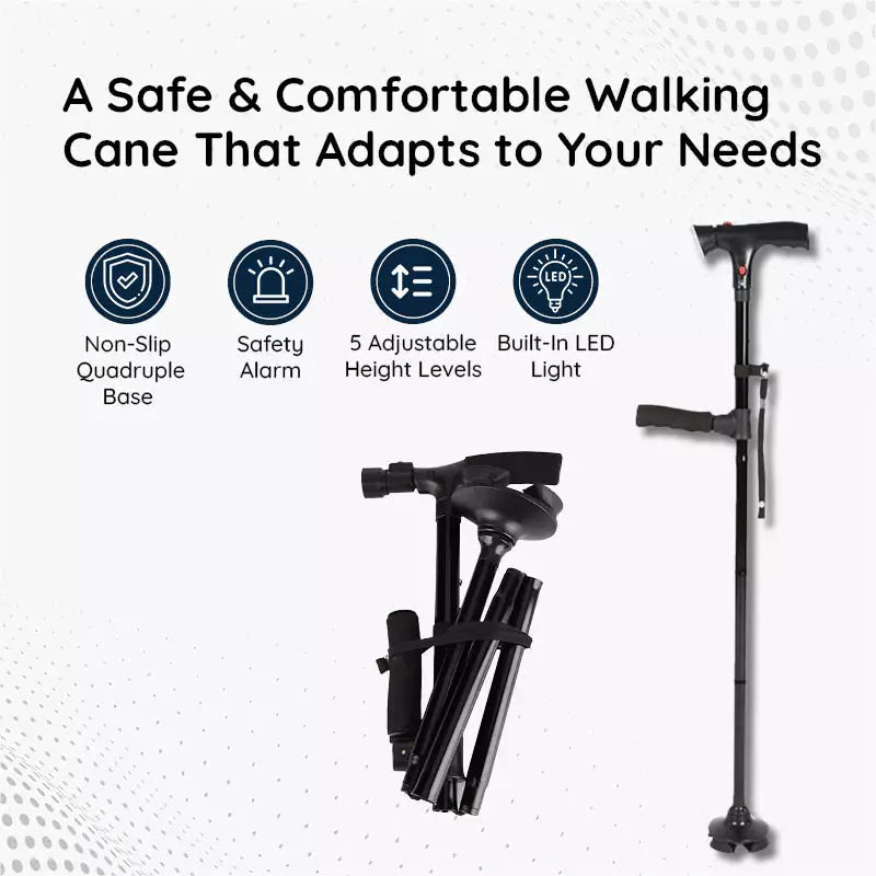 Black walking cane with adjustable height levels on a white background, featuring icons and text about its features.