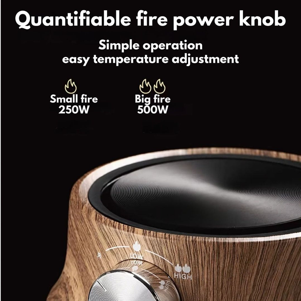 Wooden stove top with temperature control knob on a black background