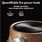 Wooden stove top with temperature control knob on a black background