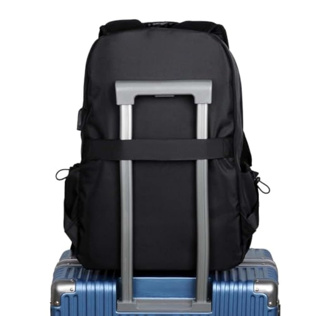 Black backpack with rolling handle on a blue suitcase against a white background