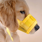 Dog wearing a yellow muzzle on a plain background