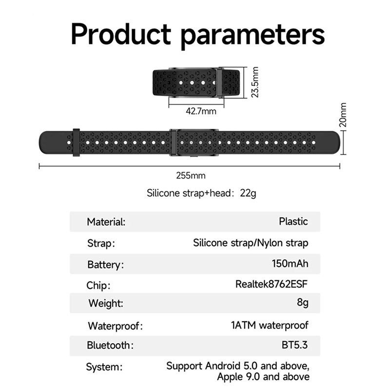 Product parameters of a smartwatch band with dimensions and features listed.