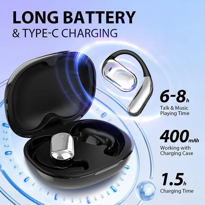 Wireless earbuds with charging case and battery information on a blue background