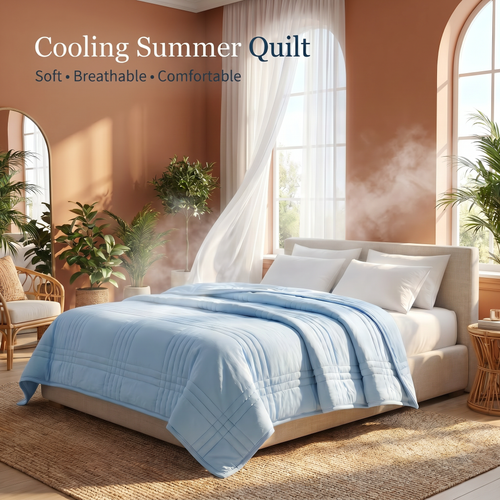 Bedroom with a cooling summer quilt, soft and breathable, in a bright room with plants.