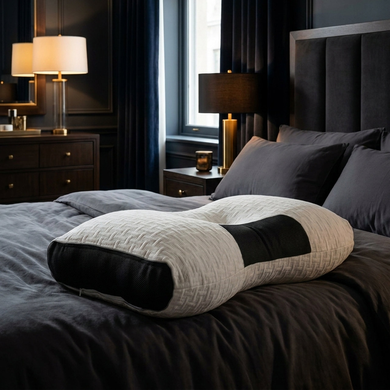 Gray bedding with a unique pillow on a bed in a bedroom setting.