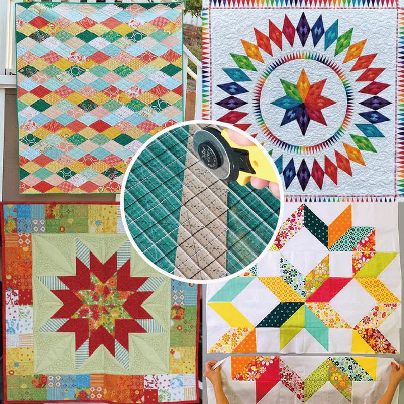 Collage of various colorful quilts with geometric and star patterns.