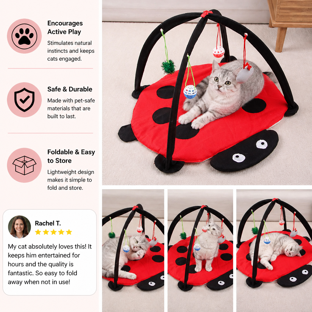 Red and black ladybug-shaped cat playpen with a cat inside, featuring text on benefits and customer review.